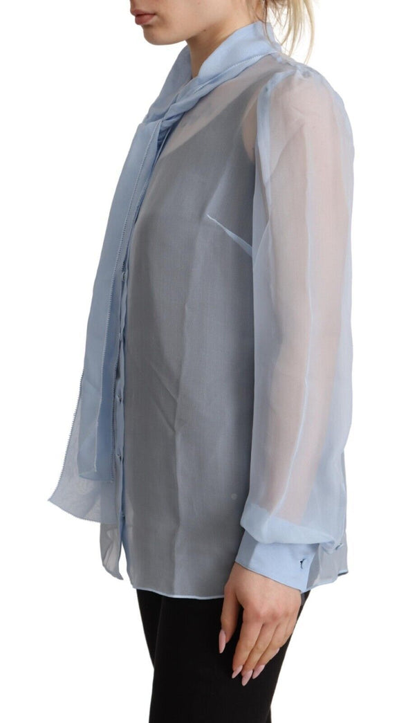 Light Blue Silk Ascot Collar Long Sleeves Blouse Top