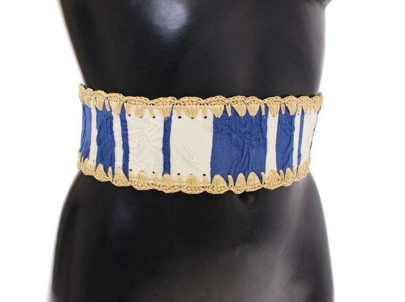 Blue Striped Waist Wide Raffia  Belt