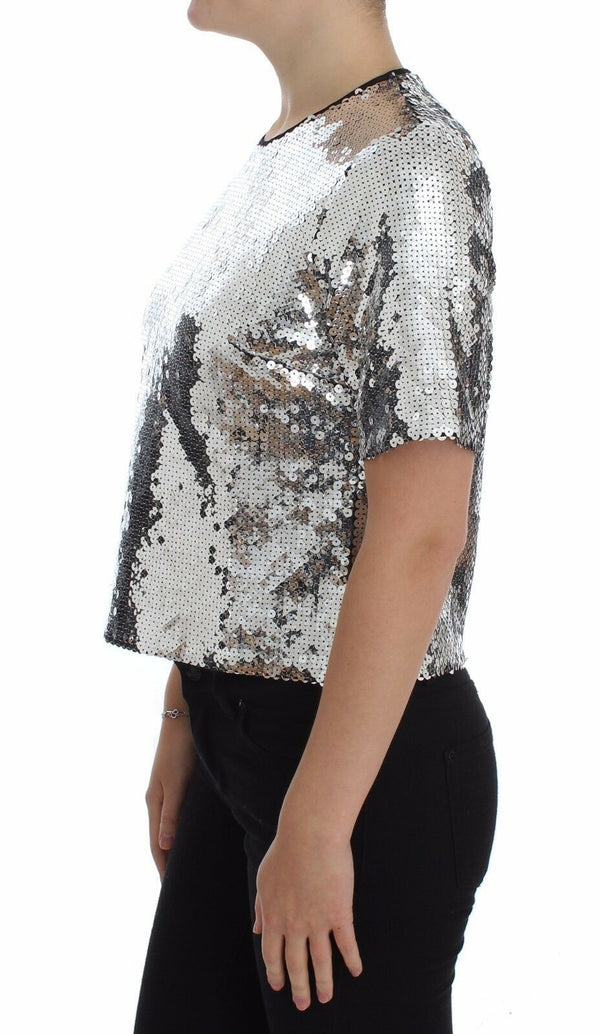 Silver Sequined Crewneck Blouse T-shirt Top