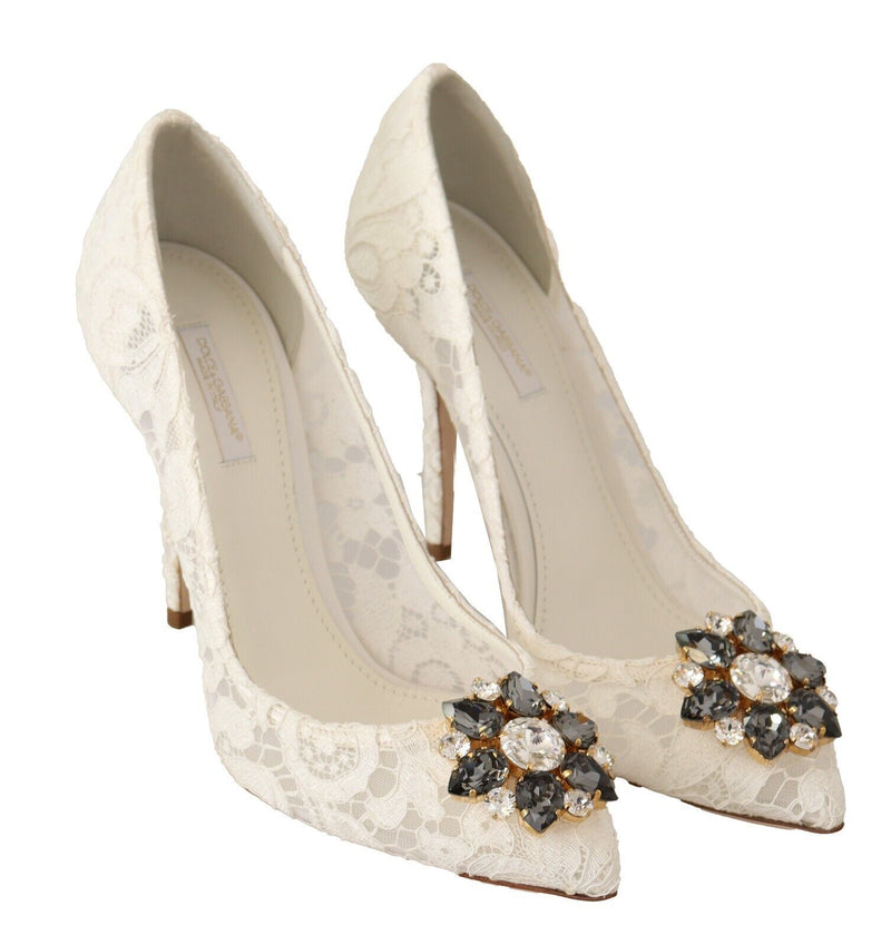 White Taormina Lace Crystal Heels Pumps Shoes