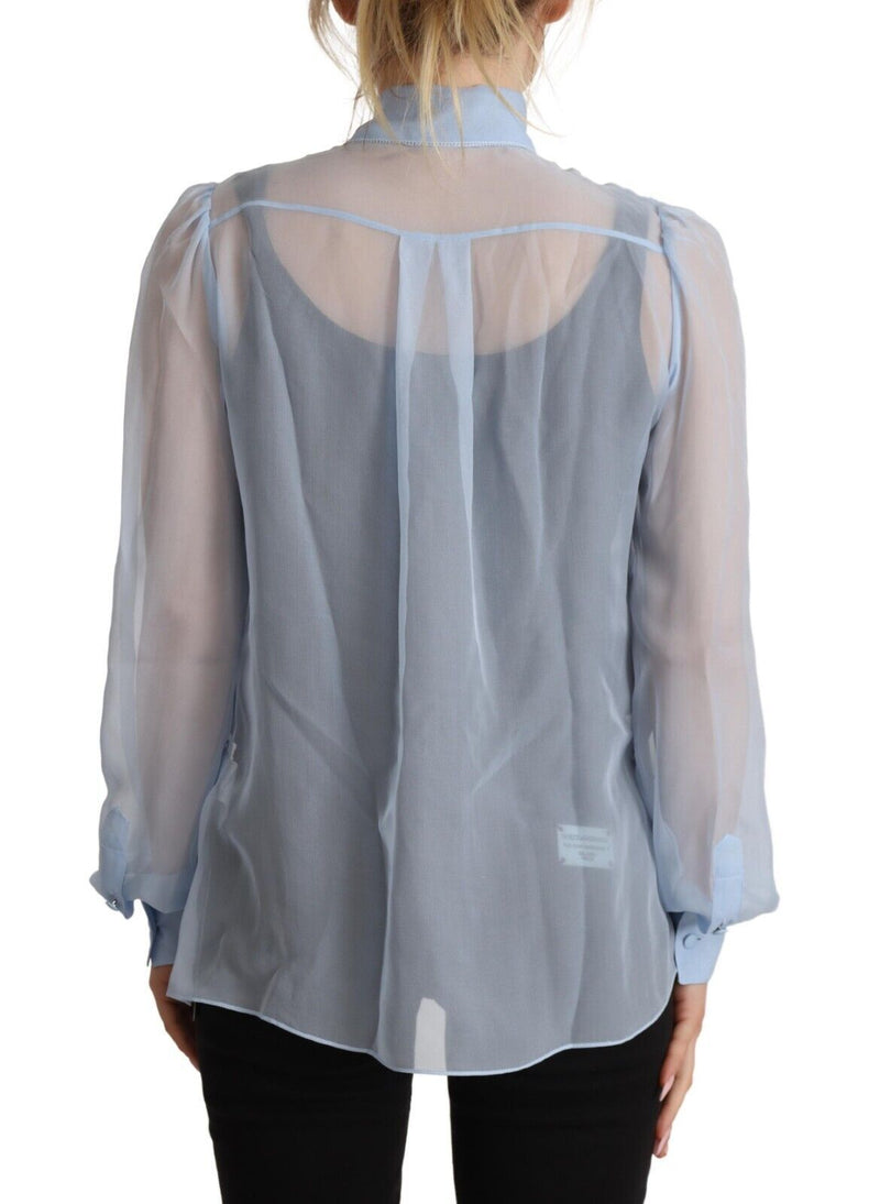 Light Blue Silk Ascot Collar Long Sleeves Blouse Top