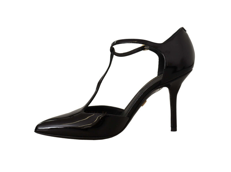 Black Patent Leather T-Strap Heels Sandals Shoes