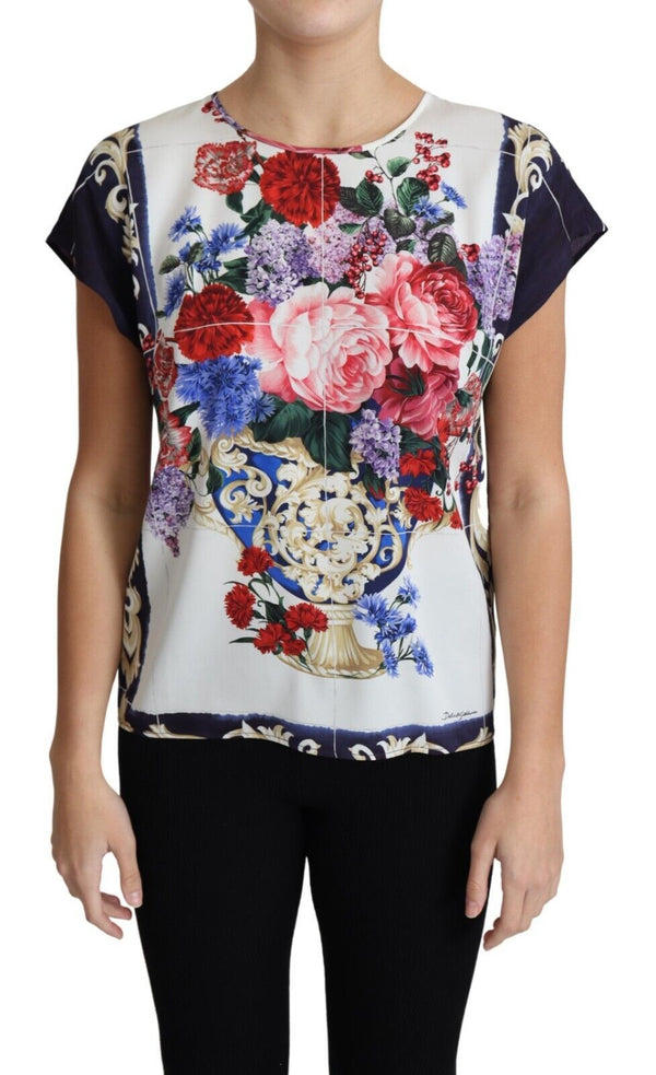 Multicolor Silk Flower Vase Short Sleeves Blouse Top