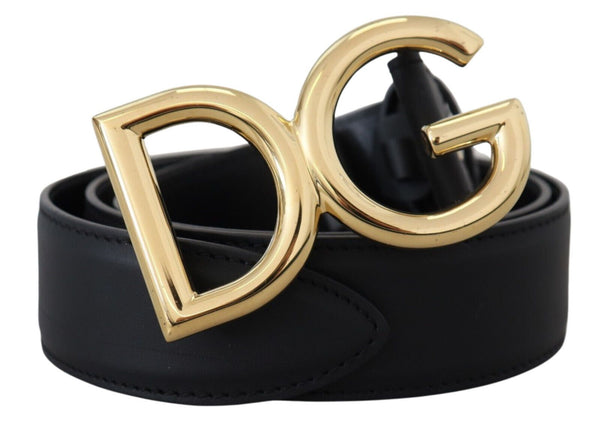 Black Leather DG Gold Tone Metal Buckle Belt