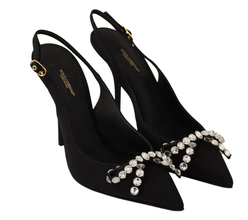 Black Viscose Crystals Heels Slingback Shoes