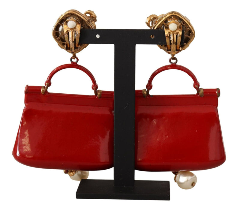 Gold Red Sicily Bag Crystal DG Clip-on Jewelry Dangling Earrings