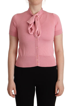 Pink Ascot Collar Short Sleeves Button Blouse Top