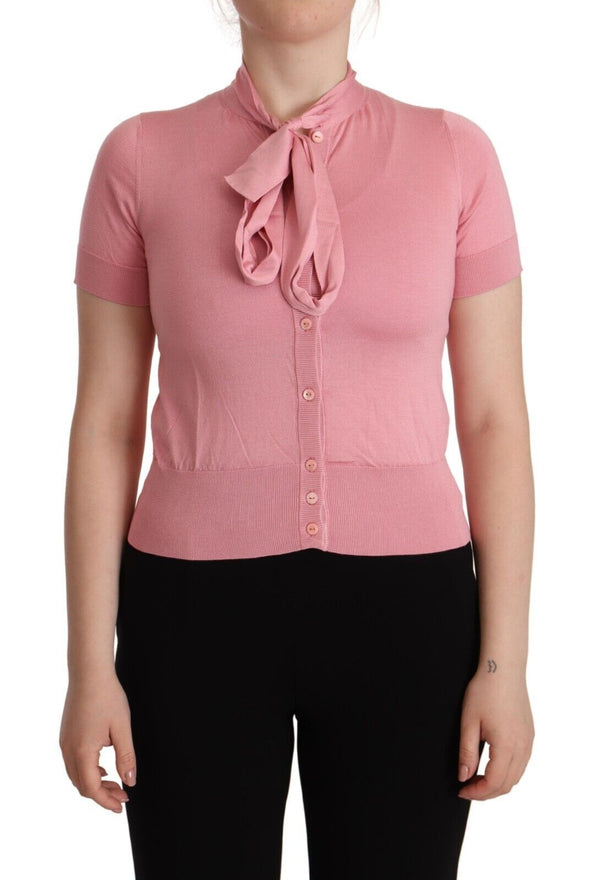 Pink Ascot Collar Short Sleeves Button Blouse Top