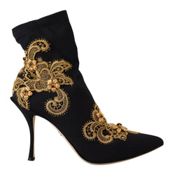 Black Gold Floral Lace Heels Boots Shoes