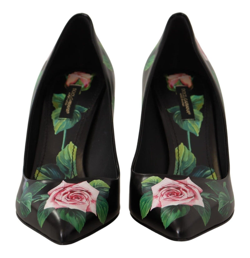 Black Leather Roses High Heels Pumps Shoes