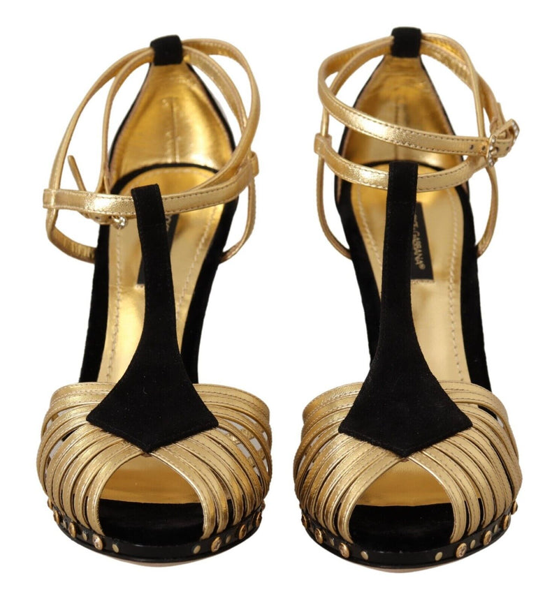 Black Gold T-Strap Decor Heels Sandals Shoes