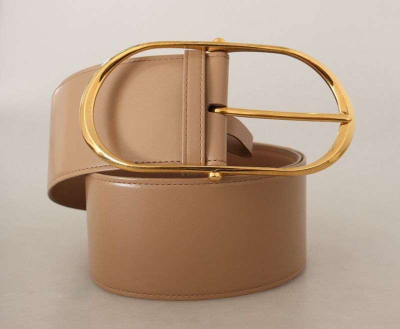 Beige Leather Gold Metal Oval Buckle Belt