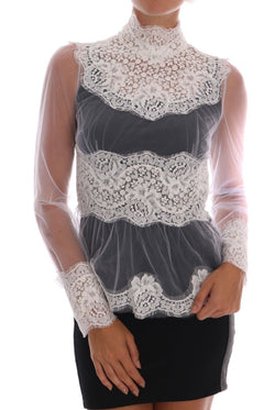 White Floral Lace Blouse Mock Neck Top