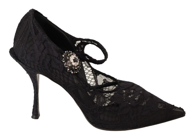 Black Lace Crystals Heels Mary Jane Pumps Shoes