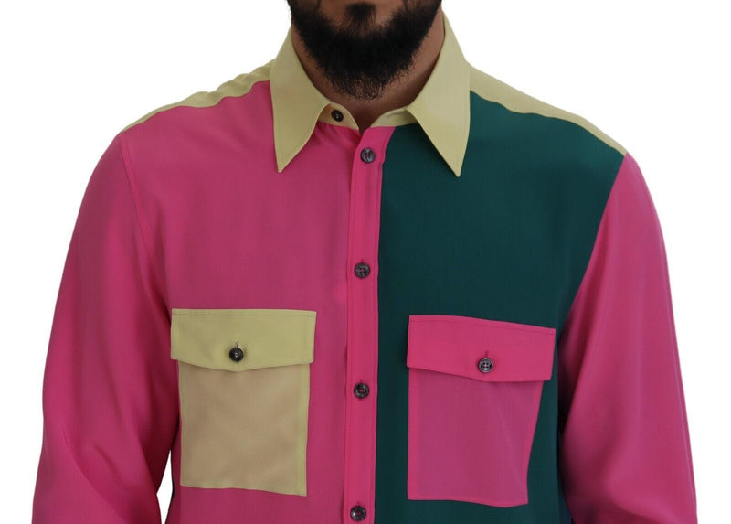 Multicolor Patchwork Silk Button Down Shirt