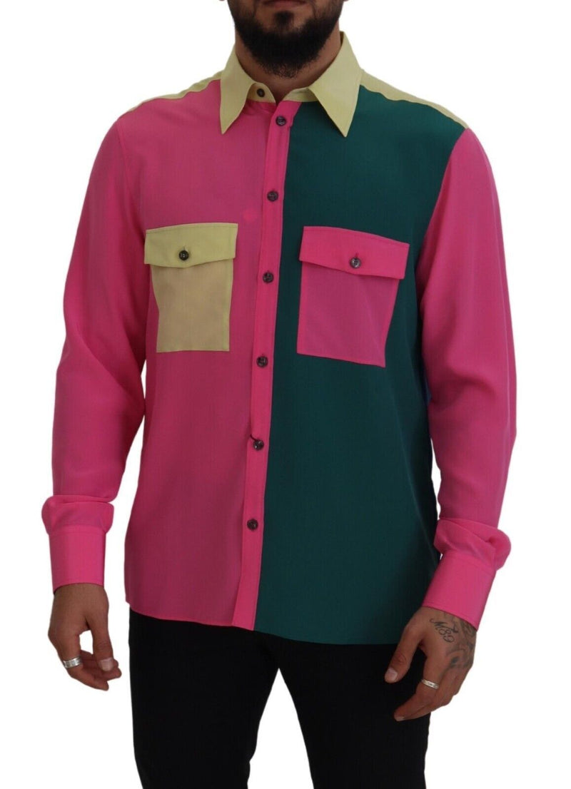 Multicolor Patchwork Silk Button Down Shirt