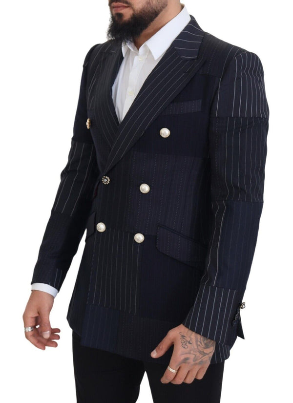 Blue Wool Patchwork Double Breasted Blazer