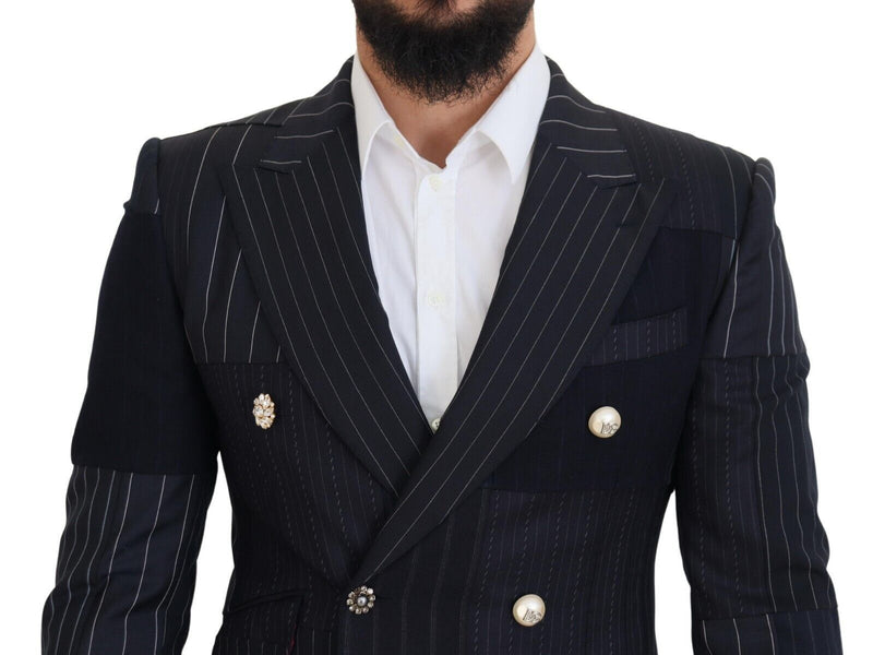 Blue Wool Patchwork Double Breasted Blazer