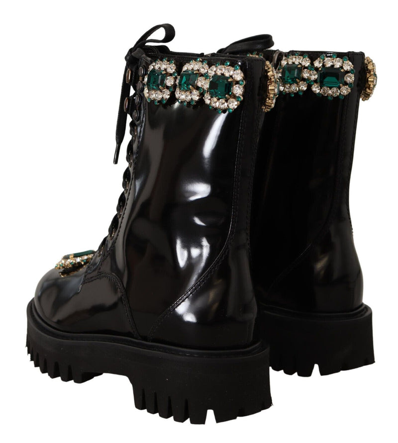 Black Leather Crystal Combat Boots Shoes