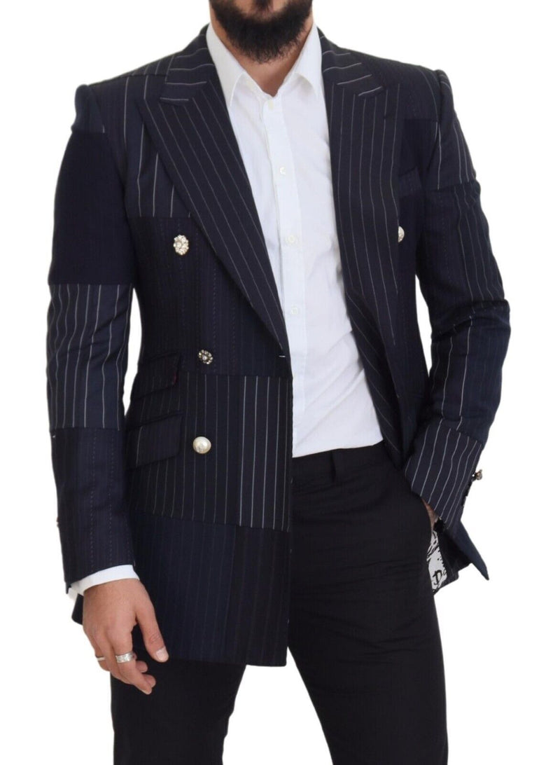 Blue Wool Patchwork Double Breasted Blazer