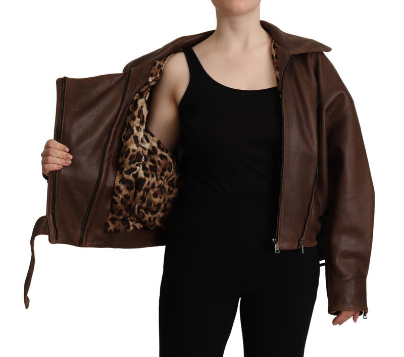 Brown Bull Leather Collared Biker Coat Jacket