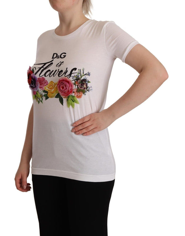 White Floral Applique Cotton Short Sleeve Top