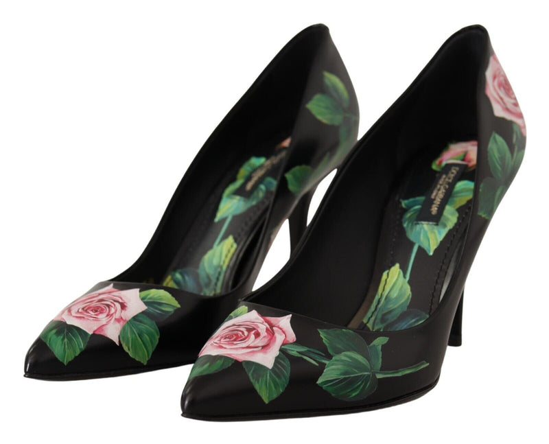 Black Leather Roses High Heels Pumps Shoes