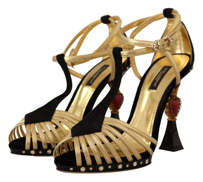 Black Gold T-Strap Decor Heels Sandals Shoes