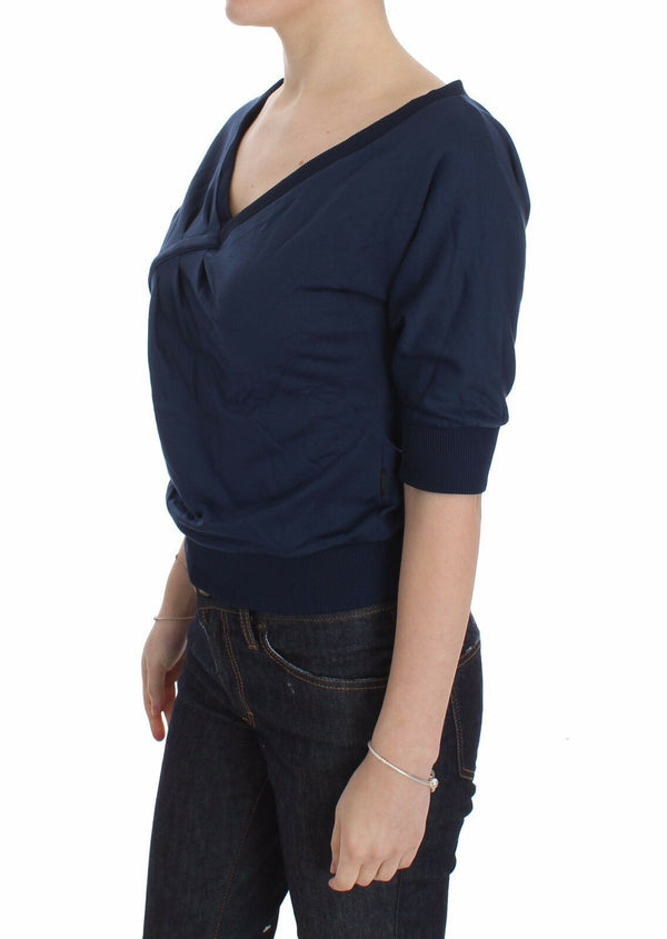 Blue Cotton Top Pullover Deep V-neck Women Sweater