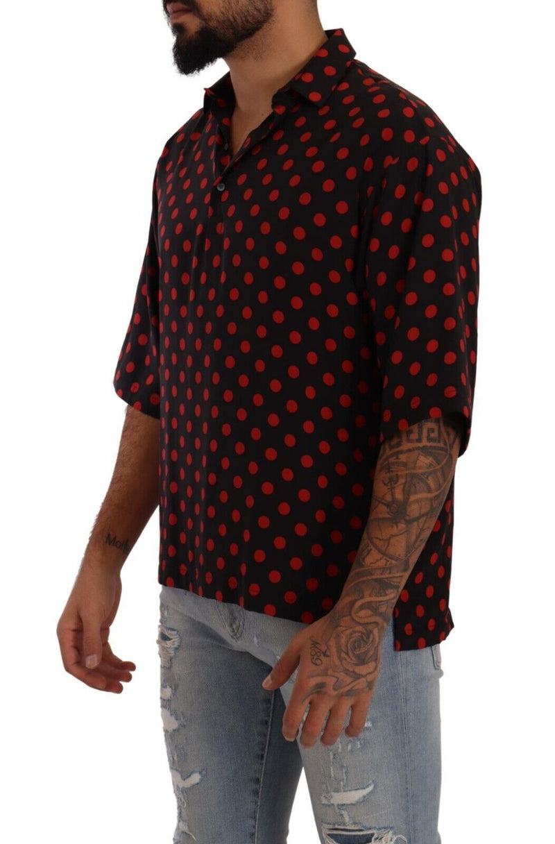 Red Black Silk Polka Dots Short Sleeves Shirt