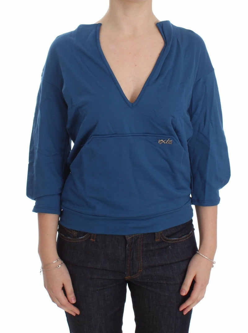 Blue Cotton Top Pullover Deep V-neck Women Sweater