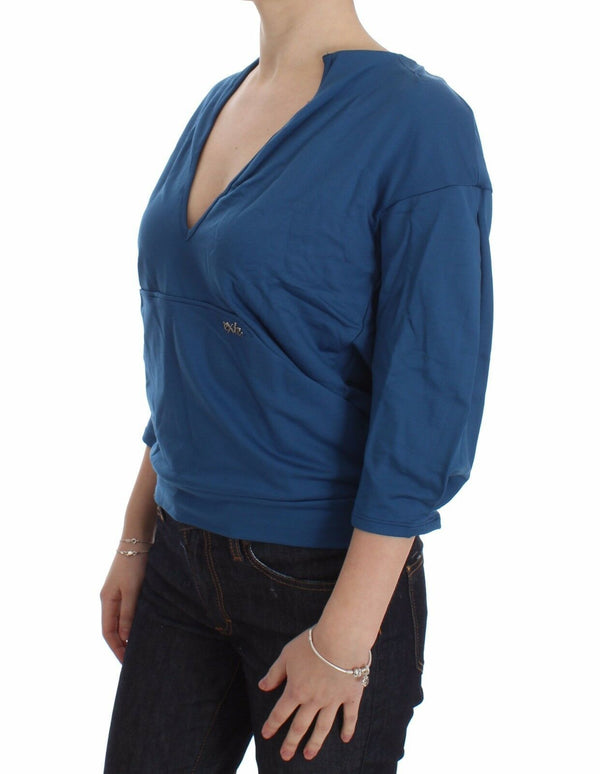 Blue Cotton Top Pullover Deep V-neck Women Sweater