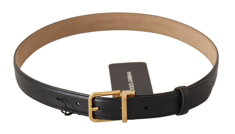 Black Calf Leather Gold Metal Logo Waist Buckle Belt