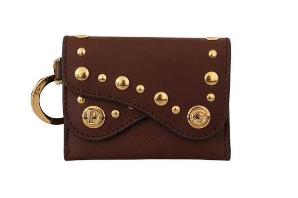 Brown Leather Mini Bifold Studded Keychain Purse