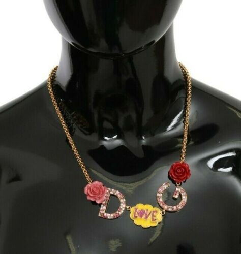 Gold  DG Logo Rose Love Crystal Charm Necklace