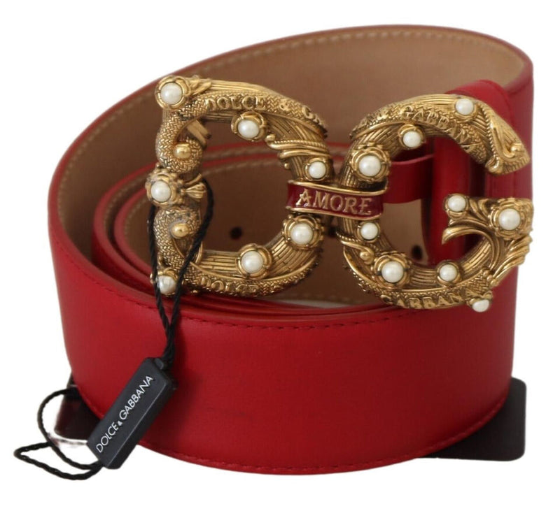 Red Leather Gold AMORE Logo Buckle Belt