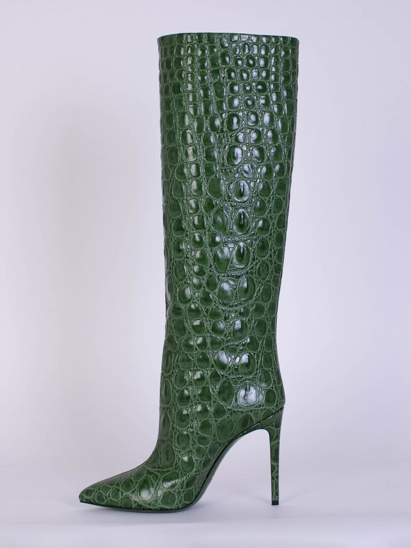 Croco Leather Print Green Stiletto 110 Boot