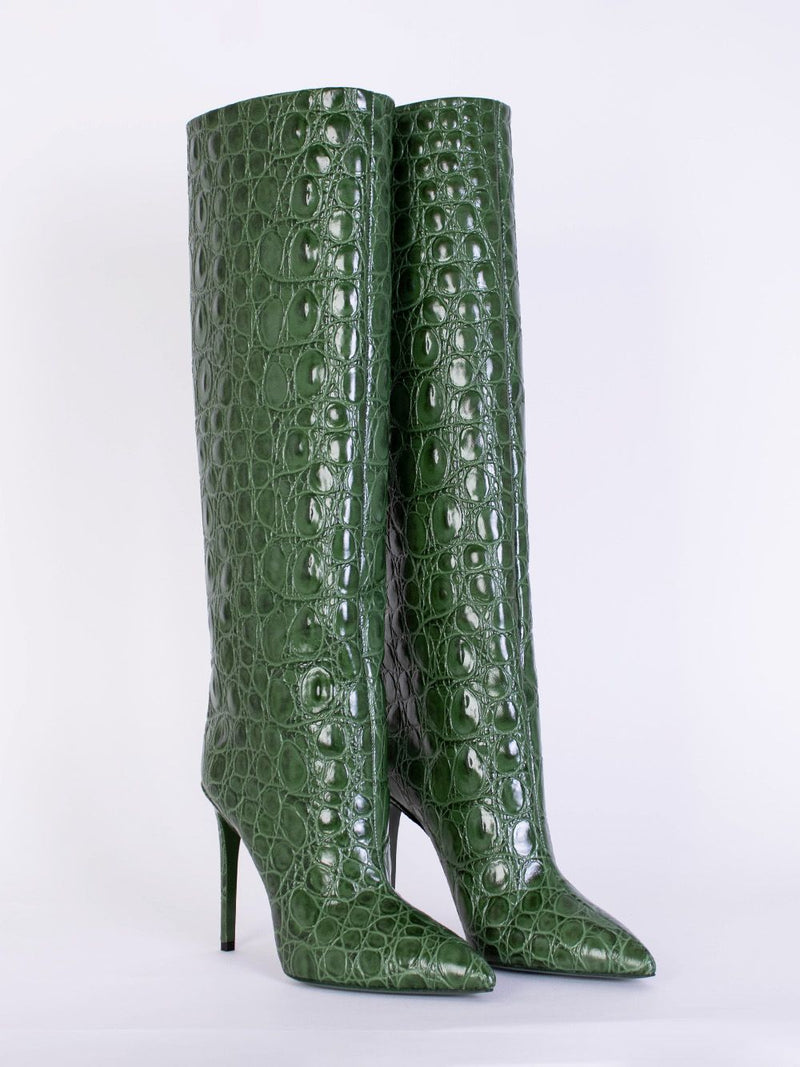 Croco Leather Print Green Stiletto 110 Boot